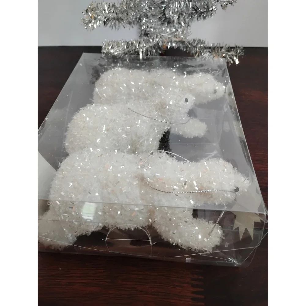Silver Tinsel Tabletop Christmas Tree 20in and 3 White Polar Bear Ornaments Set